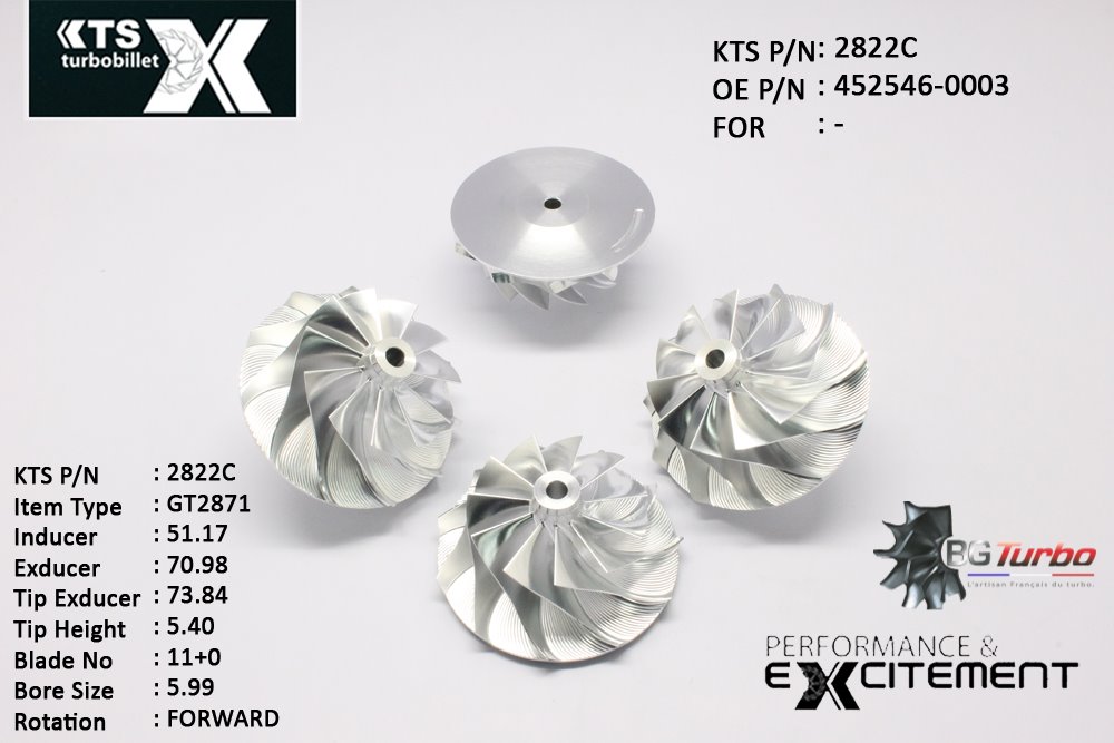 Turbo ROUE FORGÉE MFS PERFORMANCE - 11+0 PALES - INDUCER : 51,17 - EXDUCER : 70,98 - TYPE : GT2871ANGLE : 45° - ROTATION : Forward - SUPER BACK : 2,32 - BORE SIZE : 5,99
